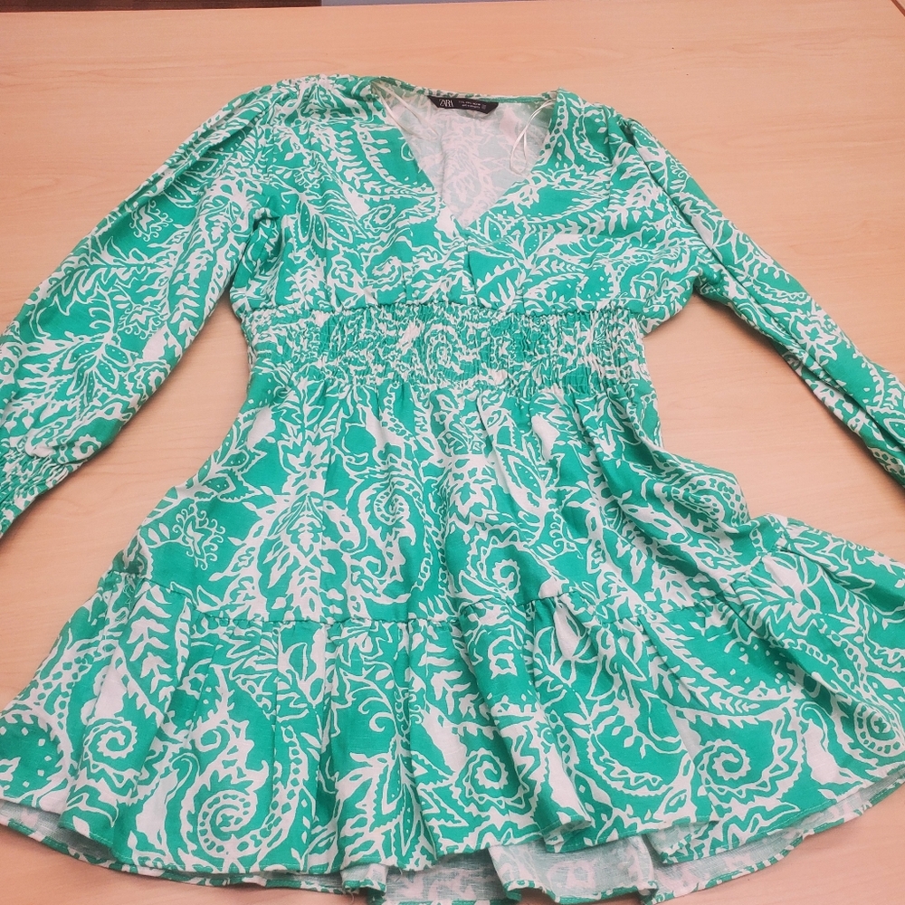 ZARA LINEN BLEND RUFFLED FLORAL SHORT DRESS GREEN V-NECK M L